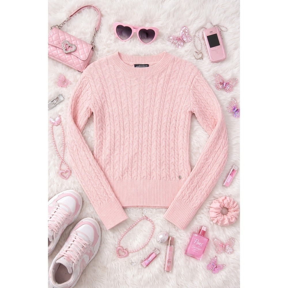 Womens Y2K Cable Knit Sweater Pink Long‎ Sleeve Slim Fit Coquette Guess W2GR12